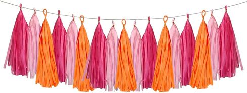 Pink and Orange Paper Tissue Tassel Garland Banner for Pink and Orange Decorations,Rose red Pink and Orange,15 Pcs in Kuwait