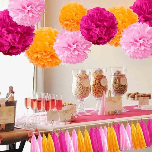 Pink and Orange Paper Tissue Tassel Garland Banner for Pink and Orange Decorations,Rose red Pink and Orange,15 Pcs in Kuwait