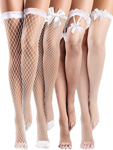 Bencailor 4 Pairs Fishnet Thigh High Stockings Silky Bow Lace Top Sheer Over Knee Stocking for Women in Saudi Arabia