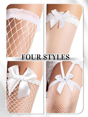 Bencailor 4 Pairs Fishnet Thigh High Stockings Silky Bow Lace Top Sheer Over Knee Stocking for Women in Saudi Arabia