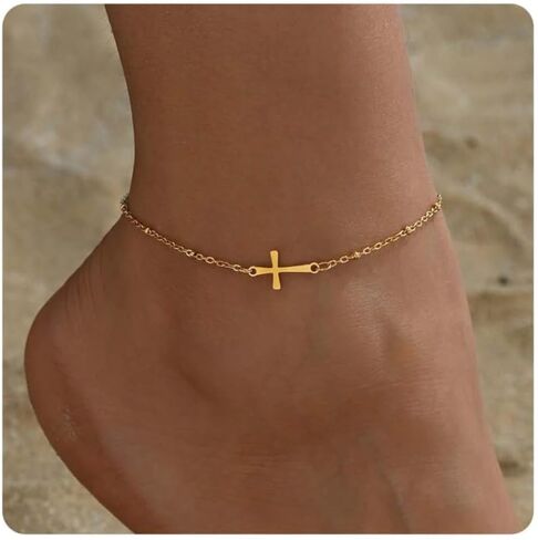 Dainty Cross Ankle Bracelets for Women 18K Gold Plated Tiny Pearl Colorful Beads Beach Summer Simple Foot Jewelry Anklets for Jewelry Gift in Kuwait