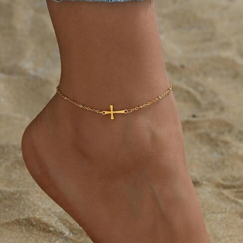 Dainty Cross Ankle Bracelets for Women 18K Gold Plated Tiny Pearl Colorful Beads Beach Summer Simple Foot Jewelry Anklets for Jewelry Gift in Kuwait