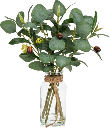 Briful Artificial Eucalyptus Stems in Glass Vase with Faux Water, 14" Fake Plant Eucalyptus Leaves for Home Bathroom Office Farmhouse Wedding Centerpiece Décor in Saudi Arabia