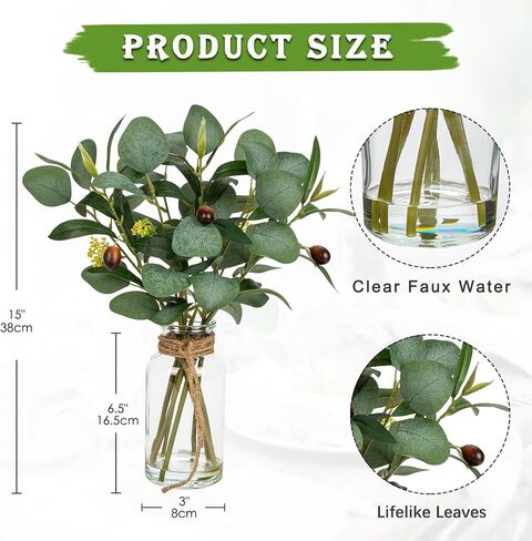 Briful Artificial Eucalyptus Stems in Glass Vase with Faux Water, 14" Fake Plant Eucalyptus Leaves for Home Bathroom Office Farmhouse Wedding Centerpiece Décor in Saudi Arabia