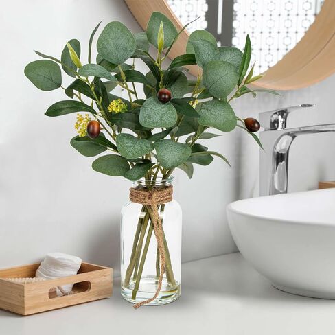 Briful Artificial Eucalyptus Stems in Glass Vase with Faux Water, 14" Fake Plant Eucalyptus Leaves for Home Bathroom Office Farmhouse Wedding Centerpiece Décor in Saudi Arabia
