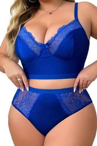 Womens Plus Size 2 Piece Lingerie Set Floral Sexy Mesh Sheer V Neck 3/4 Cup Lace Outfits See Through Panty Bra in Kuwait