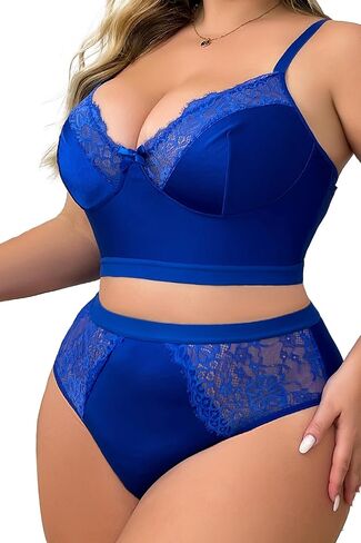 Womens Plus Size 2 Piece Lingerie Set Floral Sexy Mesh Sheer V Neck 3/4 Cup Lace Outfits See Through Panty Bra in Kuwait