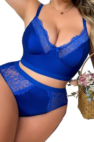 Womens Plus Size 2 Piece Lingerie Set Floral Sexy Mesh Sheer V Neck 3/4 Cup Lace Outfits See Through Panty Bra in Kuwait