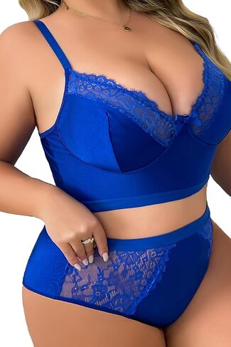 Womens Plus Size 2 Piece Lingerie Set Floral Sexy Mesh Sheer V Neck 3/4 Cup Lace Outfits See Through Panty Bra in Kuwait