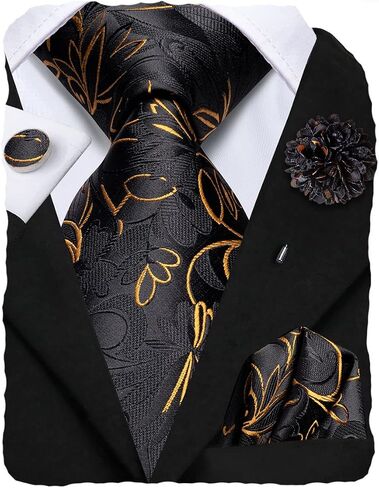 Hi-Tie Mens Tie Set Silk Striped Woven Necktie with Lapel Pin Pocket Square Cufflinks Set for Wedding Party in Kuwait