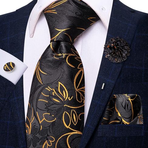 Hi-Tie Mens Tie Set Silk Striped Woven Necktie with Lapel Pin Pocket Square Cufflinks Set for Wedding Party in Kuwait