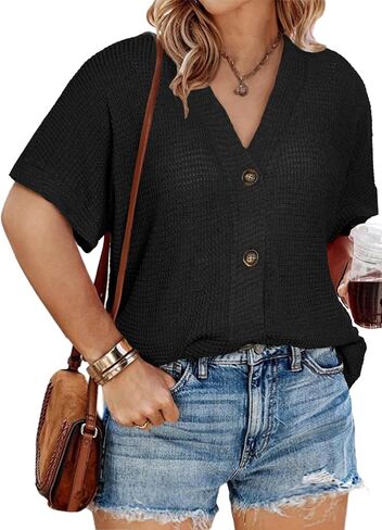 eytino womens plus size tops عرضة v neck الأكمام قصيرة الأكمام الزر متماسكة أسفل القمصان (1x-5x) in Saudi Arabia