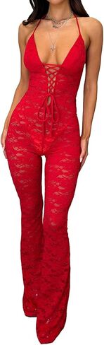 Molilove Women's Lace Jumpsuits Stretch See Through V Neck Drawstring Backless Flare Pants Rompers Sexy One Piece Outfits in Kuwait