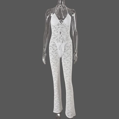 Molilove Women's Lace Jumpsuits Stretch See Through V Neck Drawstring Backless Flare Pants Rompers Sexy One Piece Outfits in Kuwait