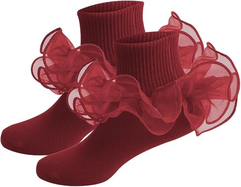 Girls Ruffle Socks Lace Frilly Cotton Turn Cuff Dress Socks in Kuwait