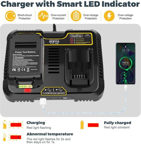 4 Packs 20V 6.0Ah Battery with DCB102 2-Port Fast Charger Combo Compatible for DeWalt 20V Max Battery DCB206 DCB205 DCB207 DCB208, Compatible with DeWalt 20 Volt DCD/DCF/DCG/DCS Cordless Power Tools in Saudi Arabia