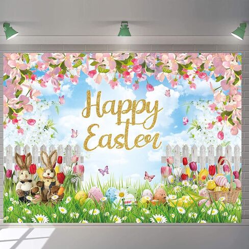 Spring Easter Backdrop 7x5FT Easter Rabbit Garden Colorful Eggs Photo Background Spring Party Decor Banner Photo Booth Props in Saudi Arabia