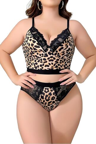 Womens Plus Size 2 Piece Lingerie Set Floral Sexy Mesh Sheer V Neck 3/4 Cup Lace Outfits See Through Panty Bra in Kuwait
