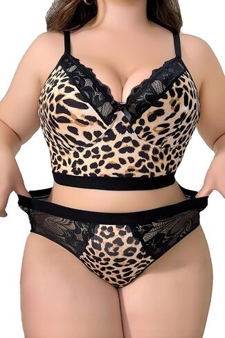 Womens Plus Size 2 Piece Lingerie Set Floral Sexy Mesh Sheer V Neck 3/4 Cup Lace Outfits See Through Panty Bra in Kuwait