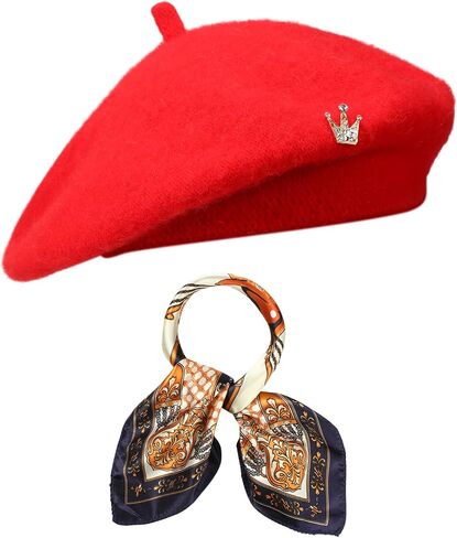 3 PCS Wool Bert Solid Color French Beanie Hat مع بروش وشاح حريري للنساء هدية الفتيات in Kuwait