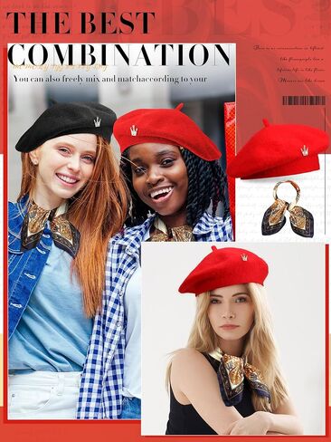 3 PCS Wool Bert Solid Color French Beanie Hat مع بروش وشاح حريري للنساء هدية الفتيات in Kuwait