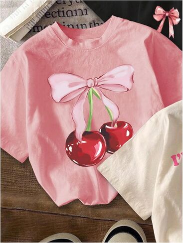 Girl's Bow Cherry Graphic Tees Short Sleeve Crewneck Cute T Shirts Tops for Teens Summer Tops in Kuwait