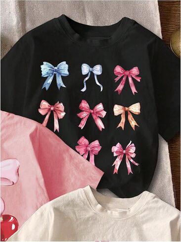 Girl's Bow Cherry Graphic Tees Short Sleeve Crewneck Cute T Shirts Tops for Teens Summer Tops in Kuwait