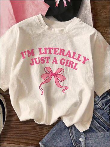 Girl's Bow Cherry Graphic Tees Short Sleeve Crewneck Cute T Shirts Tops for Teens Summer Tops in Kuwait