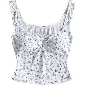 Girl's Ditsy Floral Sleeveless Tank Top Crop Tops Twist Sweetheart Neck Fitted Crop Tops