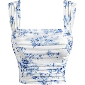 Milumia Girl's Ruched Floral Print Tank Top Square Neck Dops Procsed Tops