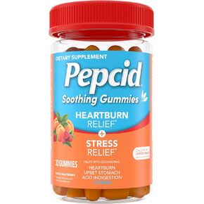 Pepcid Soothing Gummies, Heartburn Relief + Stress Relief Gummies Help with Occasional Heartburn, Upset Stomach, Acid Indigestion, & Stress, Tricalcium Phosphate, Peach-Raspberry, 32 ct