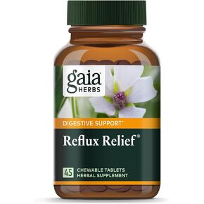 Gaia Herbs Reflux Relief - with Marshmallow Root, Chamomile, Aloe, Licorice, and High Mallow - Helps with Occasional Heartburn and Relieve Indigestion - 45 Chewable Tablets (45-Day Supply)