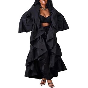 Vakkest Women's Open Front Ruffle Maxi Cardigan Long Sleeve Irregular Hem Asymmetrical Casual Dress Trench Coat Cape