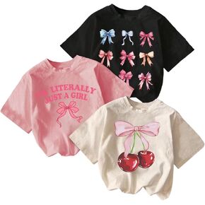 Girl's Bow Cherry Graphic Tees Short Sleeve Crewneck Cute T Shirts Tops for Teens Summer Tops