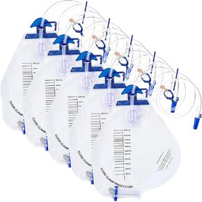 5 Pcs 2000ml Catheter Bags, Urinary Drainage Bag with Anti Reflux Chamber, Hook, Hanging Rope, Sheet Clip, Leakproof Splash Drain Spout Urine Bags