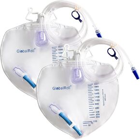 Urinary Drainage Bag with Anti-Reflux Chamber, Bedside Drainage Bag 2000 mL with 48" Drainage Tube, Hook Hanger and Clips, Urine Bag with Plastic Buckle for Home and Hospitals, 1 Pack