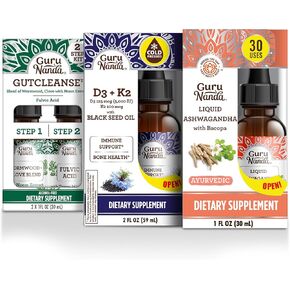 GuruNanda Total Wellness Boost with Liquid Ashwagandha, Black Seed Oil & GutCleanse - Helps with Immunity and Mind Care