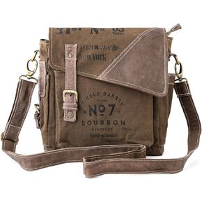 3B-Vintage Print Upcycled Military Leather Canvas Shoulder Bag Laptop Messenger Bags Medium Crossbody 2 Straps