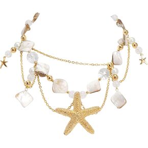 Bocar Statement Shell Bib Choker Necklace for Women Chunky Natural Freshwater Shell Conch Starfish Pearl Pendent Costume Collar Beach Necklace