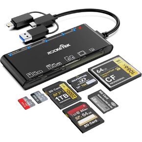 7 في 3 USB C Lightning USB 3.0 قارئ بطاقات متعدد، محور محول بطاقة ذاكرة عالمي لأجهزة iPhone، iPad، MacBook يدعم SD، CF، Micro SD، XD، MS، TF متوافق مع Windows، Mac OS، iOS، Linux، Android