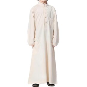 Wsplyspjy Kids Boys Solid Color Thobe Muslim Robe Long Sleeve Arab Kaftans مع جيب