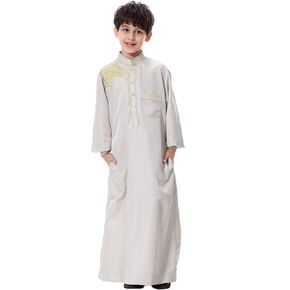 IDOPIP Muslim Thobe for Boys Kids Long Sleeve Islamic Arabic Kaftan Robe Embroidery Middle East Prayer Clothes with Pockets