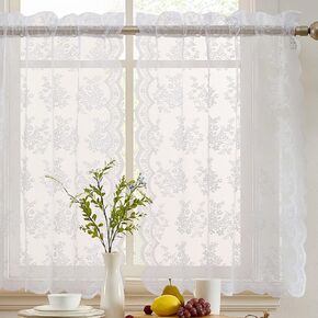 HLC.ME Jolene Floral Rod Pocket Lace Semi Sheer Voile Short Cafe Tiers for Small Windows - 28 x 36 Inch Length (White Tiers, Set of 2)