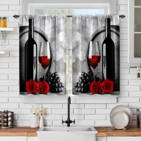Jekeno Wine Red Rose Kitchen Curtains: Romantic Flower Art Printed Short Cafe Curtain Decor for Dining Room Tier Half Curtains Country Farm Decor Rod Pocket Window Drapes 36 Inch Length 2 Panels Set