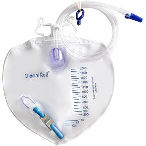 Urinary Drainage Bag with Anti-Reflux Chamber, Bedside Drainage Bag 2000 mL with 48" Drainage Tube, Hook Hanger and Clips, Urine Bag with Metals Buckle for Home and Hospitals, 5 Pack