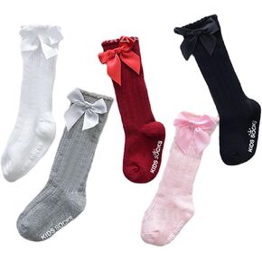 Honganda 5 Pairs Toddler Baby Girl Knee High Socks with Grips, Non Slip Stockings with Bow Long Tube Uniform Dress Socks 0-4T