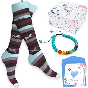 Cantik Quality Knee High Horse Socks For Girls In A Beautiful Gift Box. A Perfect Horse Gift for Girls & Women. Cushioned Equestrian Riding Boot Socks With Beautiful Bracelet and 'For You' Card - Blue