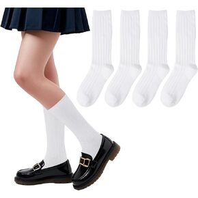 4 Pairs Girls Knee High Socks Kids Cotton Stripe Seamless Toe Socks for School Uniform Dress