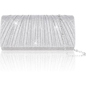 Larcenciel Clutch Purses for Women, Elegant Pleated Evening Bag with 2 Removable Chain Straps, Sparkling Silver Party Bags, Envelope Ladies Handbags for Formal Events Cocktail Weddings Prom Homecoming