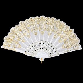 Grevosea Handheld Chinese Folding Fan, Flower Rose Lace Hand Fans for Women Elegant Foldable Fans for Party Wedding Church Dancing and Decoration (White)